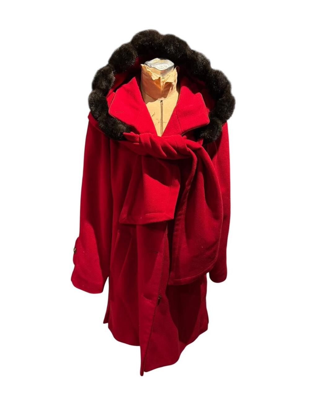 Dennis Basso Red Wool Cashmere Blend Coat with Faux Fur Trim Hood